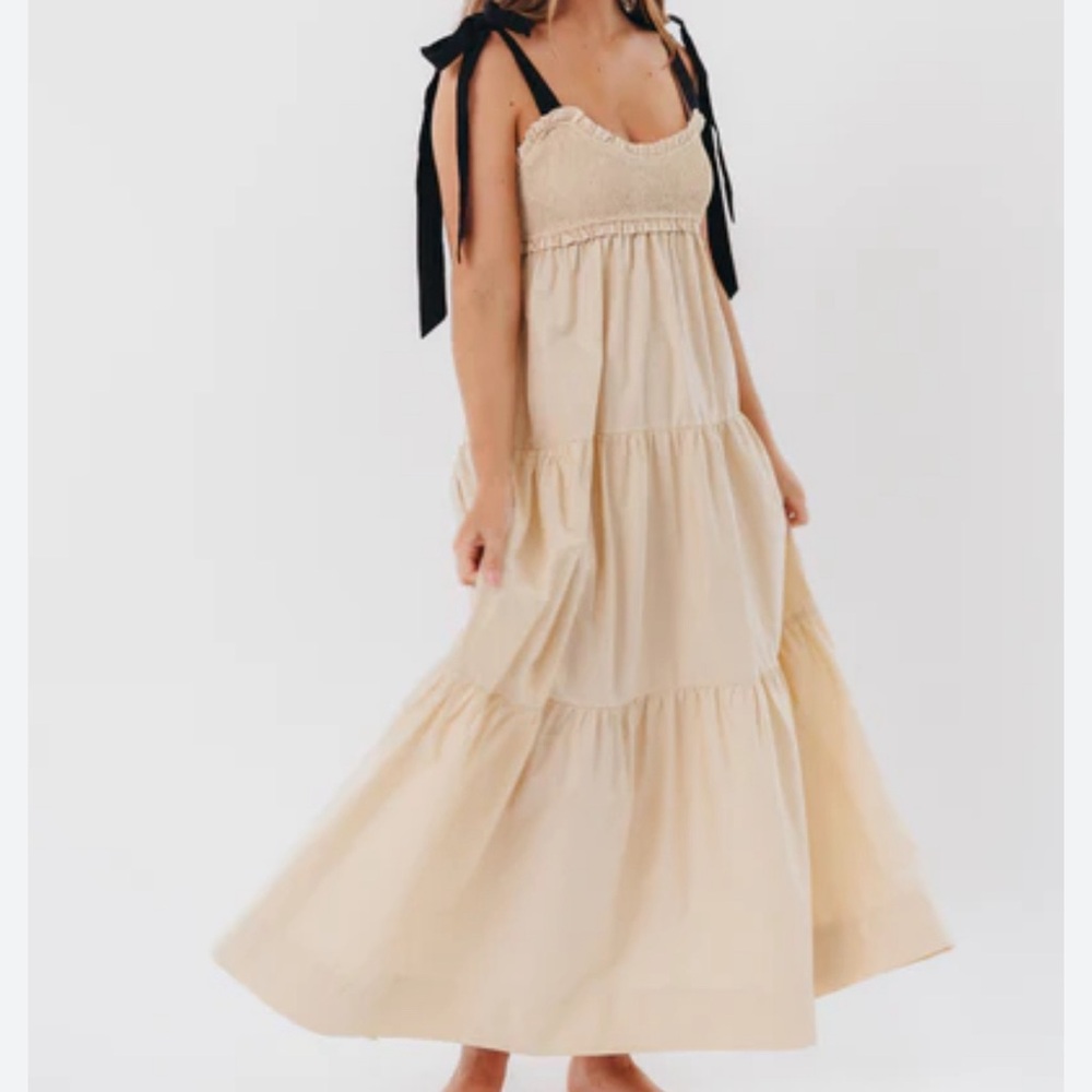 Amber Smocked Maxi Dress with Shoulder Tie in Taupe/Black